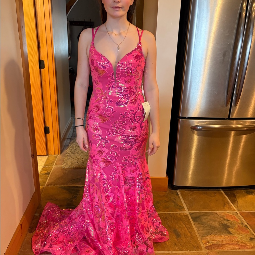 Pink Sequin Floral Gown - Women's Formal Dress